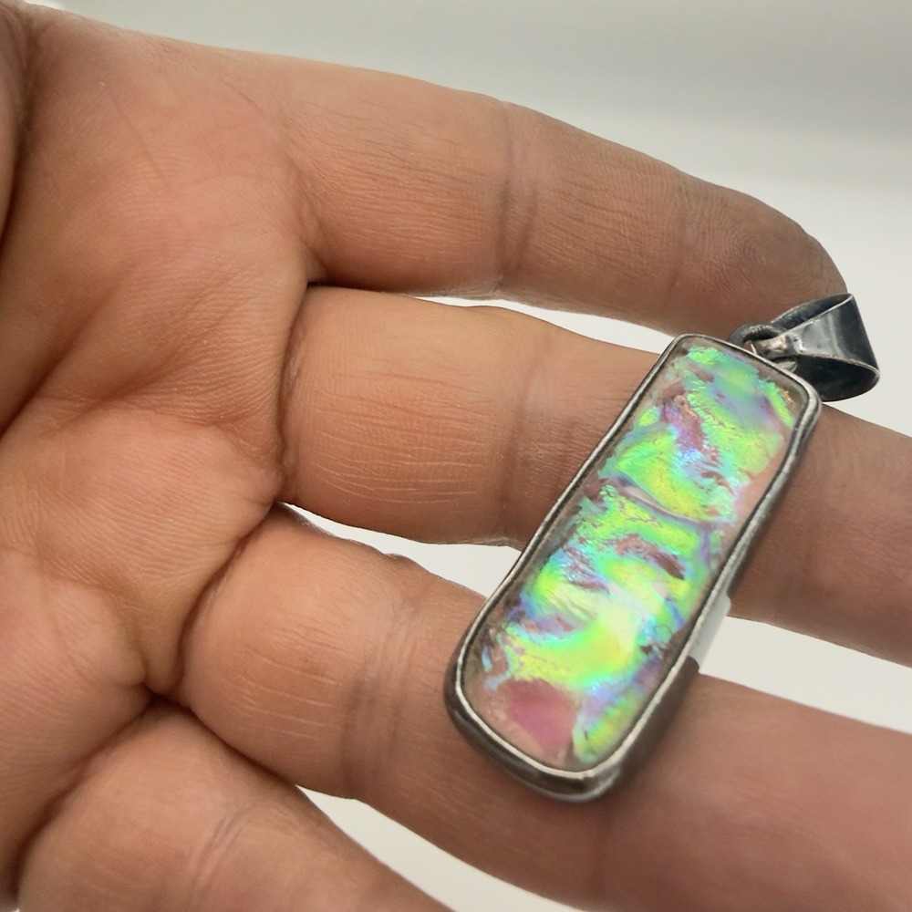 Vtg Charles Albert Opalacence Dichroic Art Glass Pendant Fine Streling Modernis